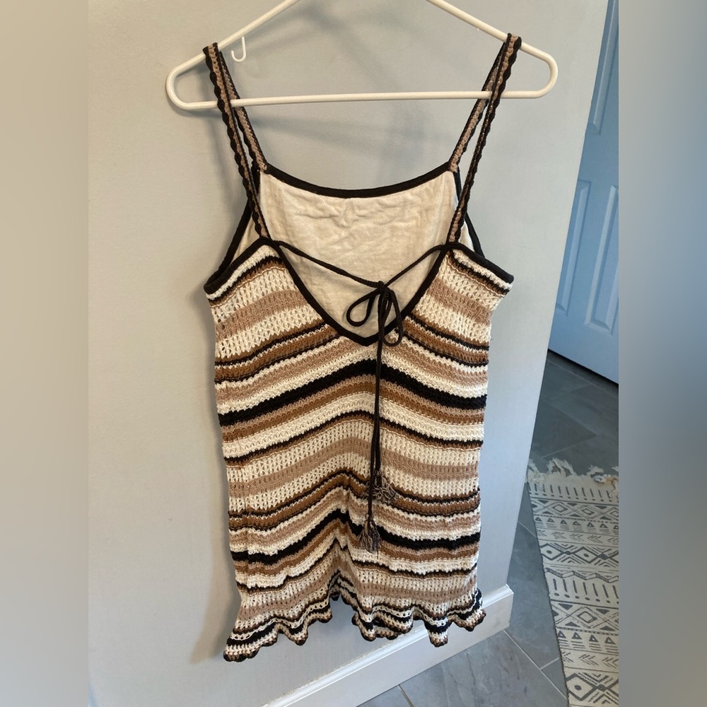 American Eagle Striped Ruffled Crochet Dress with Tie Back Brown Size Medium - Picture 5 of 8